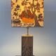 Wooden lamp with carved plant decoration from 1930-50, sold with a 1970 lampshade.