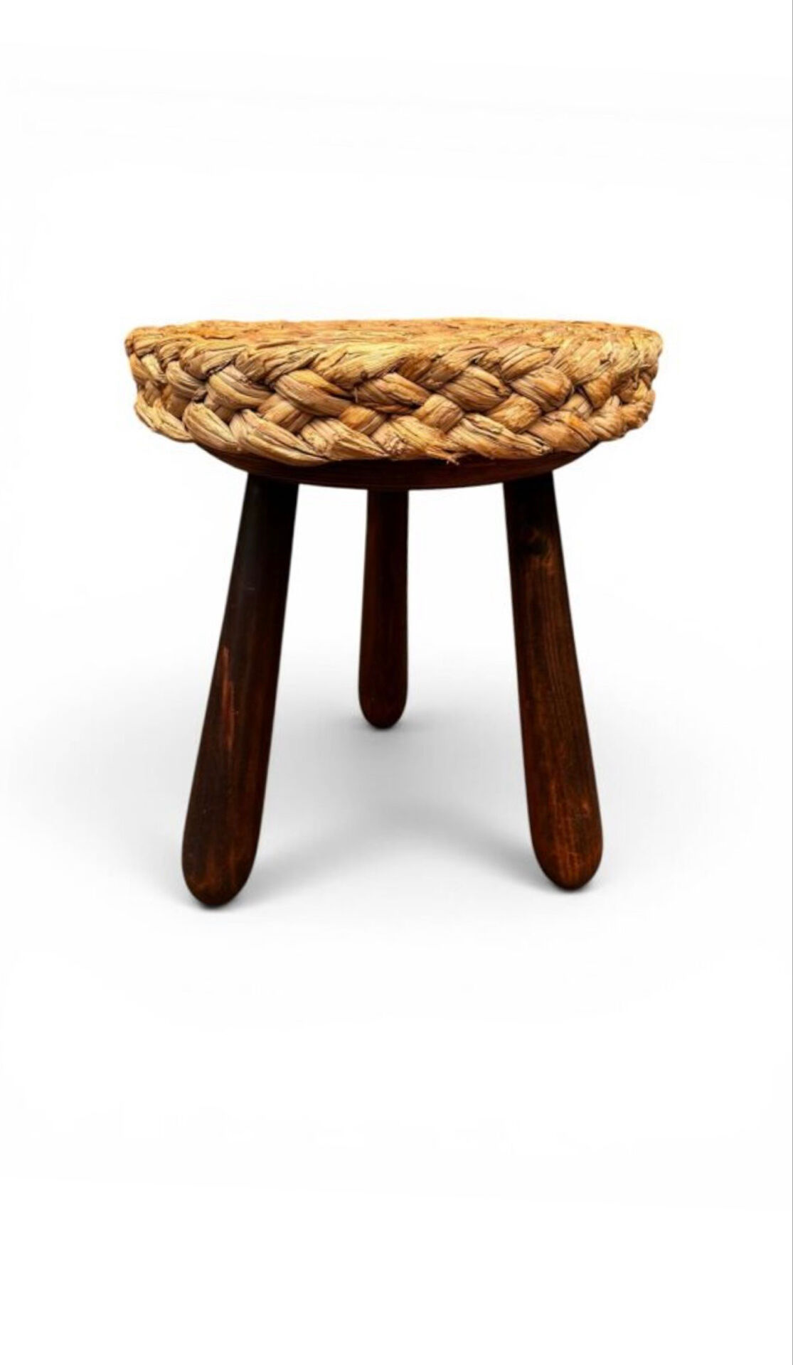 Tabouret tripode en chêne et paille Audoux et Minet 50’s