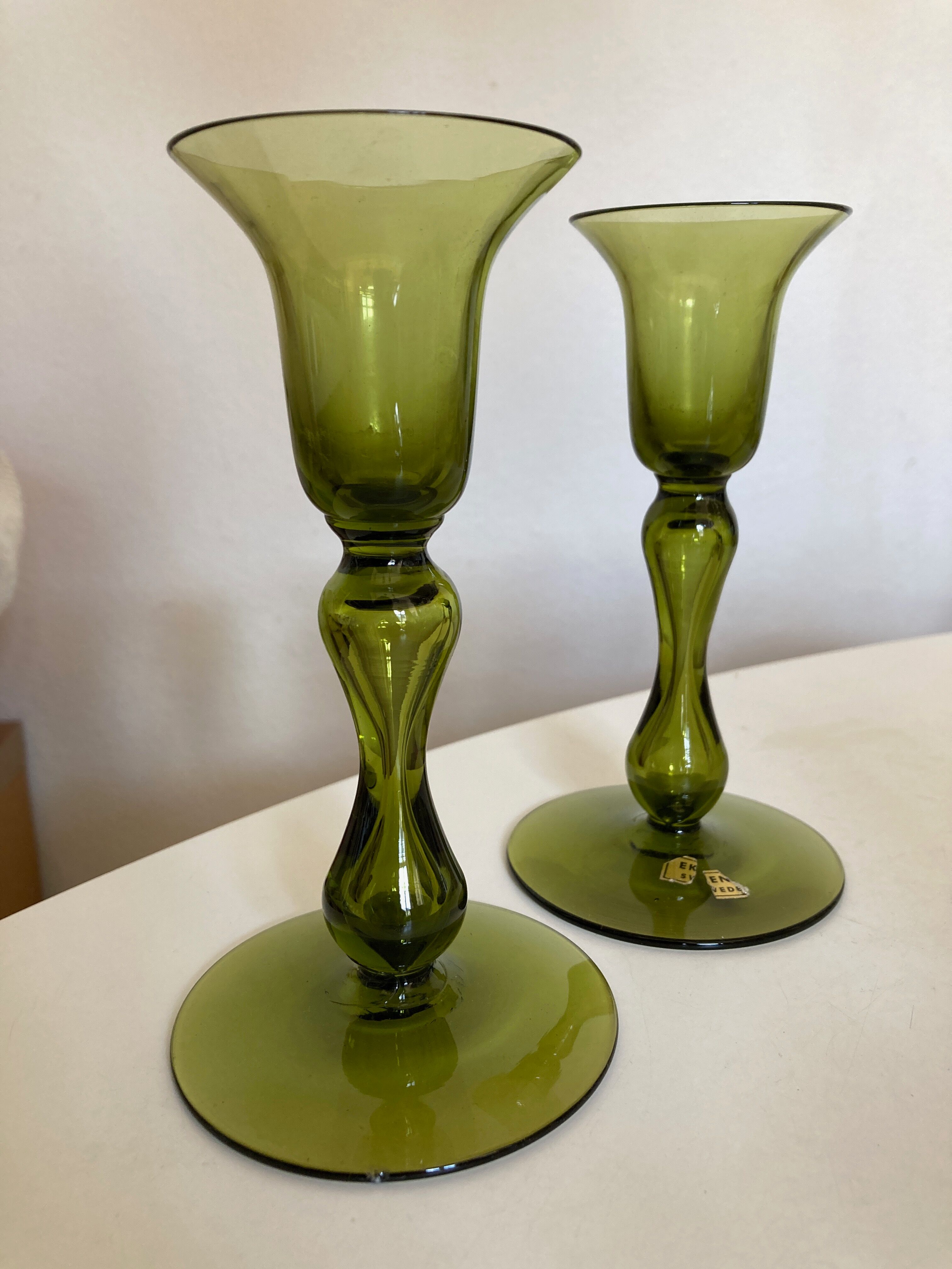 Pair of scandinavian candle holders in blown glass Ekenas Sweden 1960