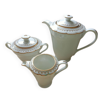 Limoges porcelain coffee set, 3 pieces - coffee pot, pitcher, sugar bowl. Vintage tea set. White, gold.