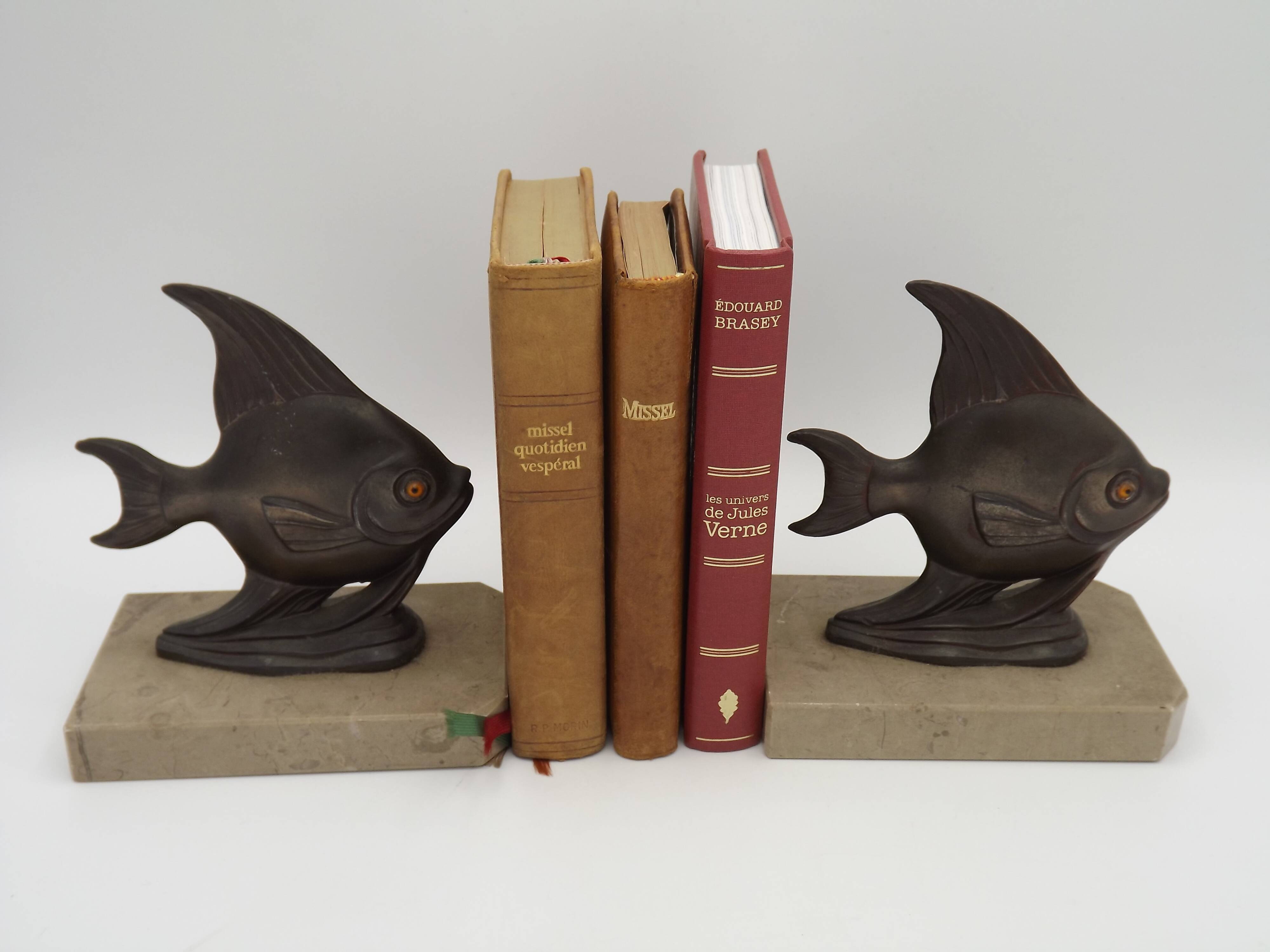Vintage French Art Deco Fish Book Ends - Marble and Spelter Bookends