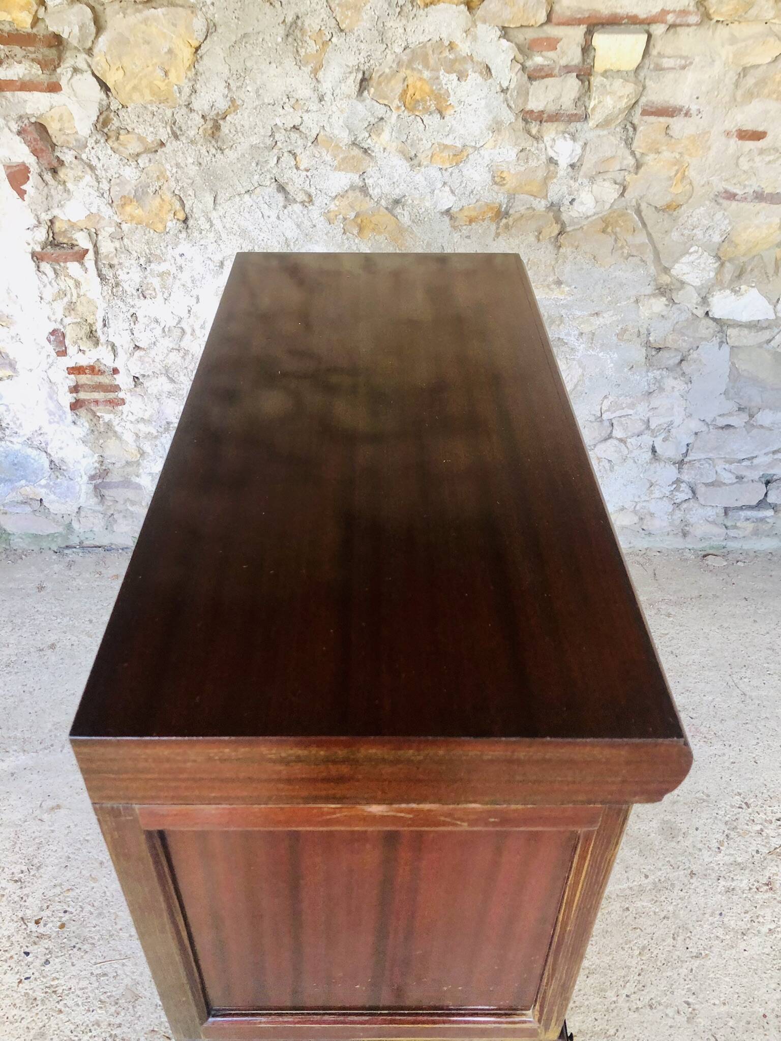 Vintage mahogany avocado bookcase with overhead glass doors circa 40's/50's