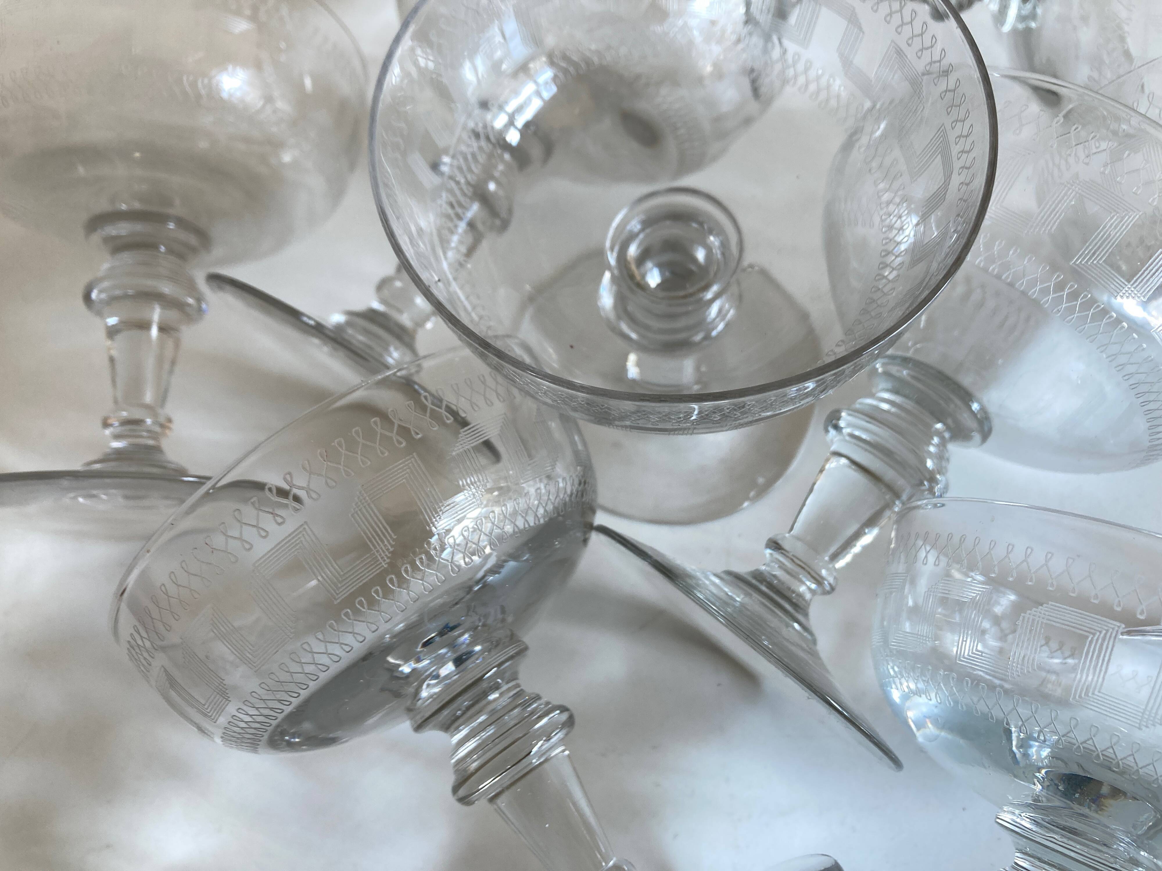 set of 8 neo classic engraved half crystal champagne glasses 1900