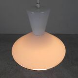 UFO-shaped pendant lamp with white glass on top and clear glass with white