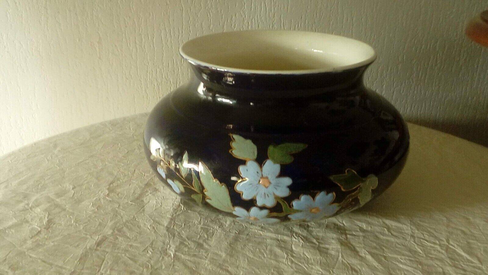 Centerpiece vase in blue earthenware from the oven with Sarreguemines enameled decor