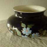 Centerpiece vase in blue earthenware from the oven with Sarreguemines enameled decor