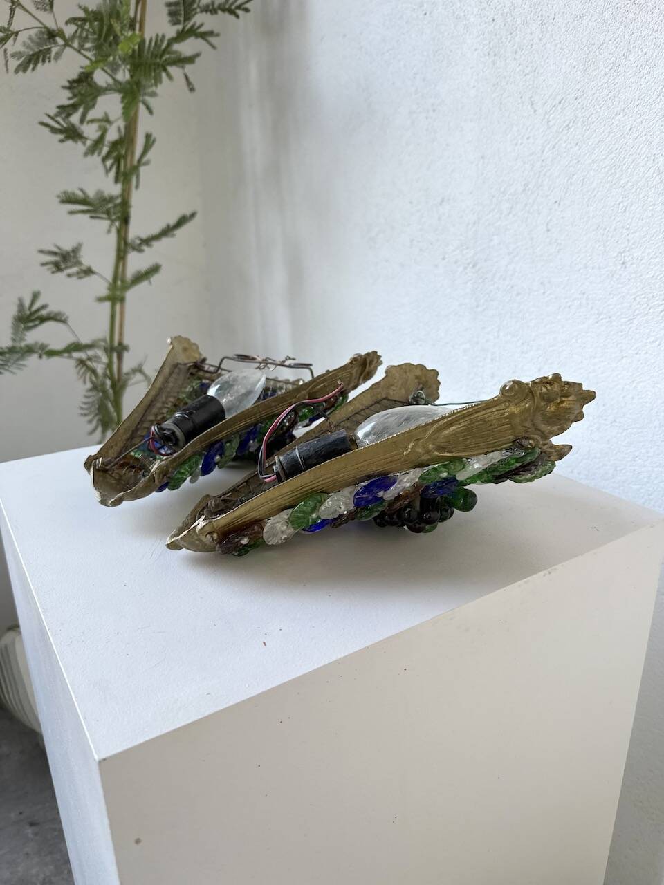 Pair of Art Nouveau bronze and Murano glass wall lights