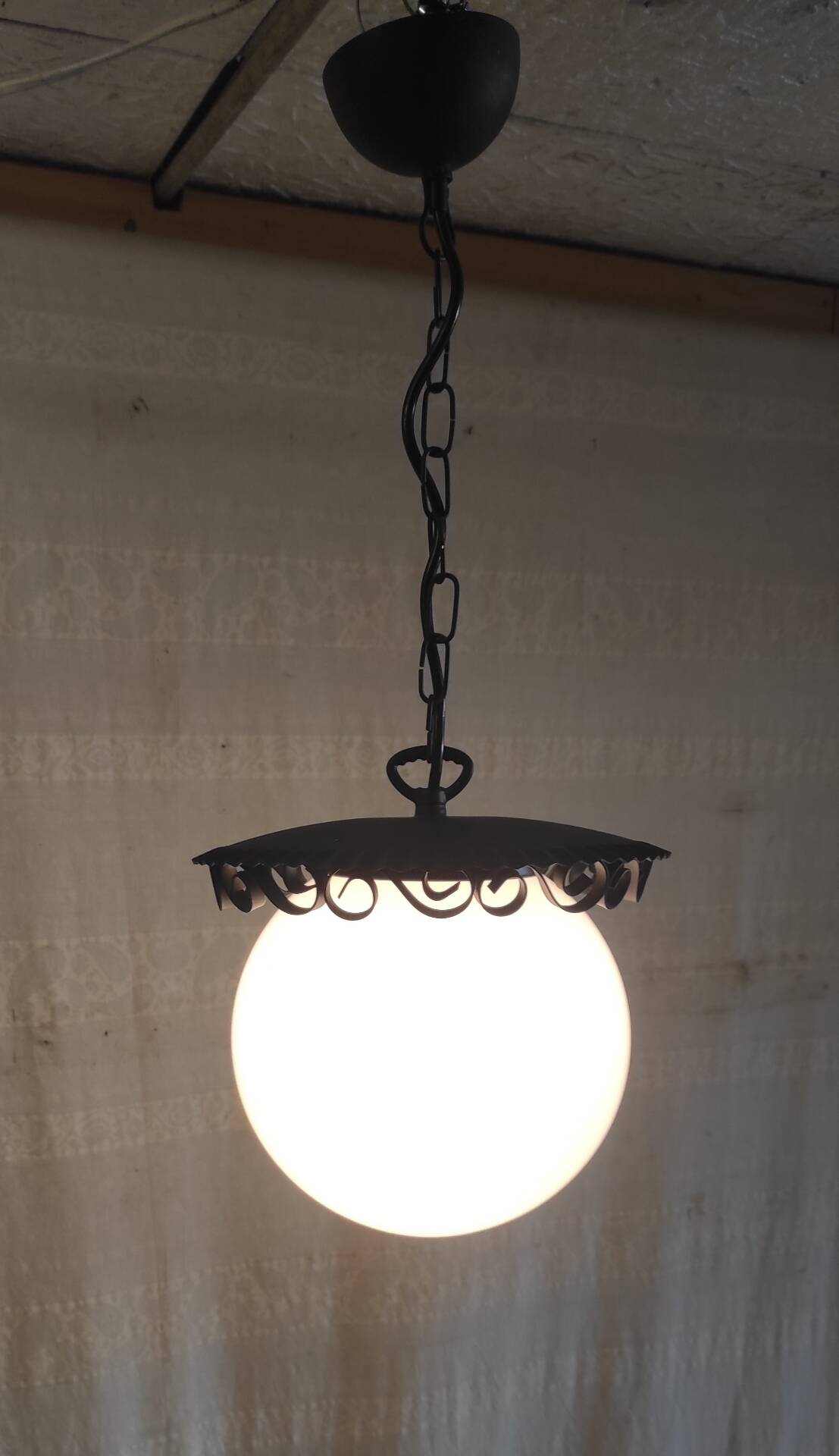 Metal lantern suspension and opaline globe by Delmas - mid 20th century.