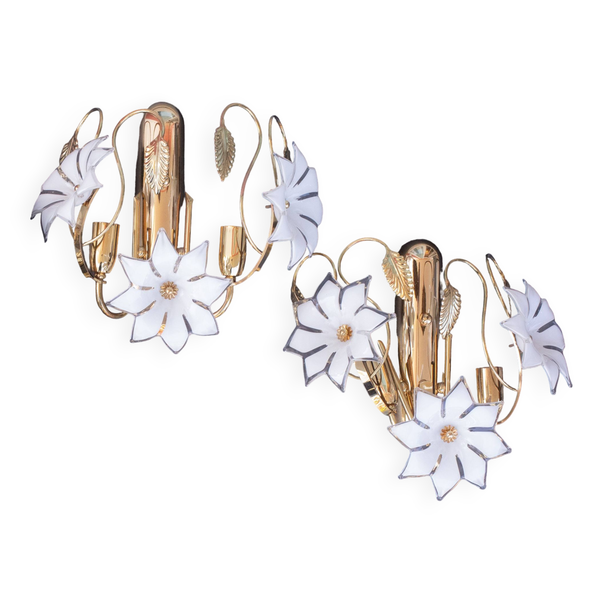 Lot de 2 appliques murales Murano Fleurs Blanches, 1970s