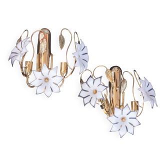 Set of 2 Murano White Flowers Wall Light, 1970s