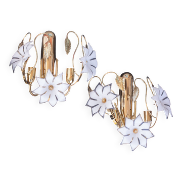 Set of 2 Murano White Flowers Wall Light, 1970s