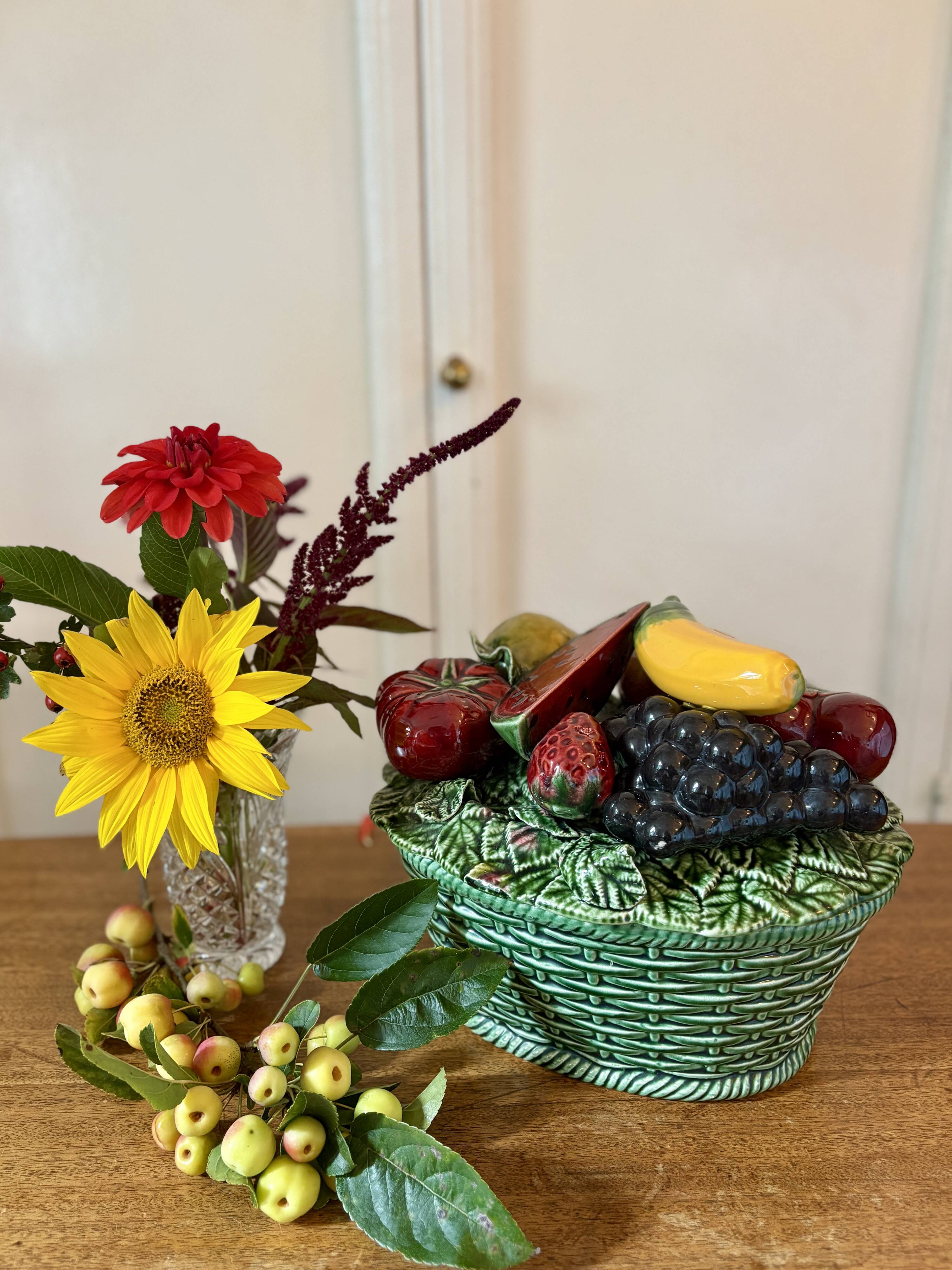 Vintage barbotine dish with fruit decorations