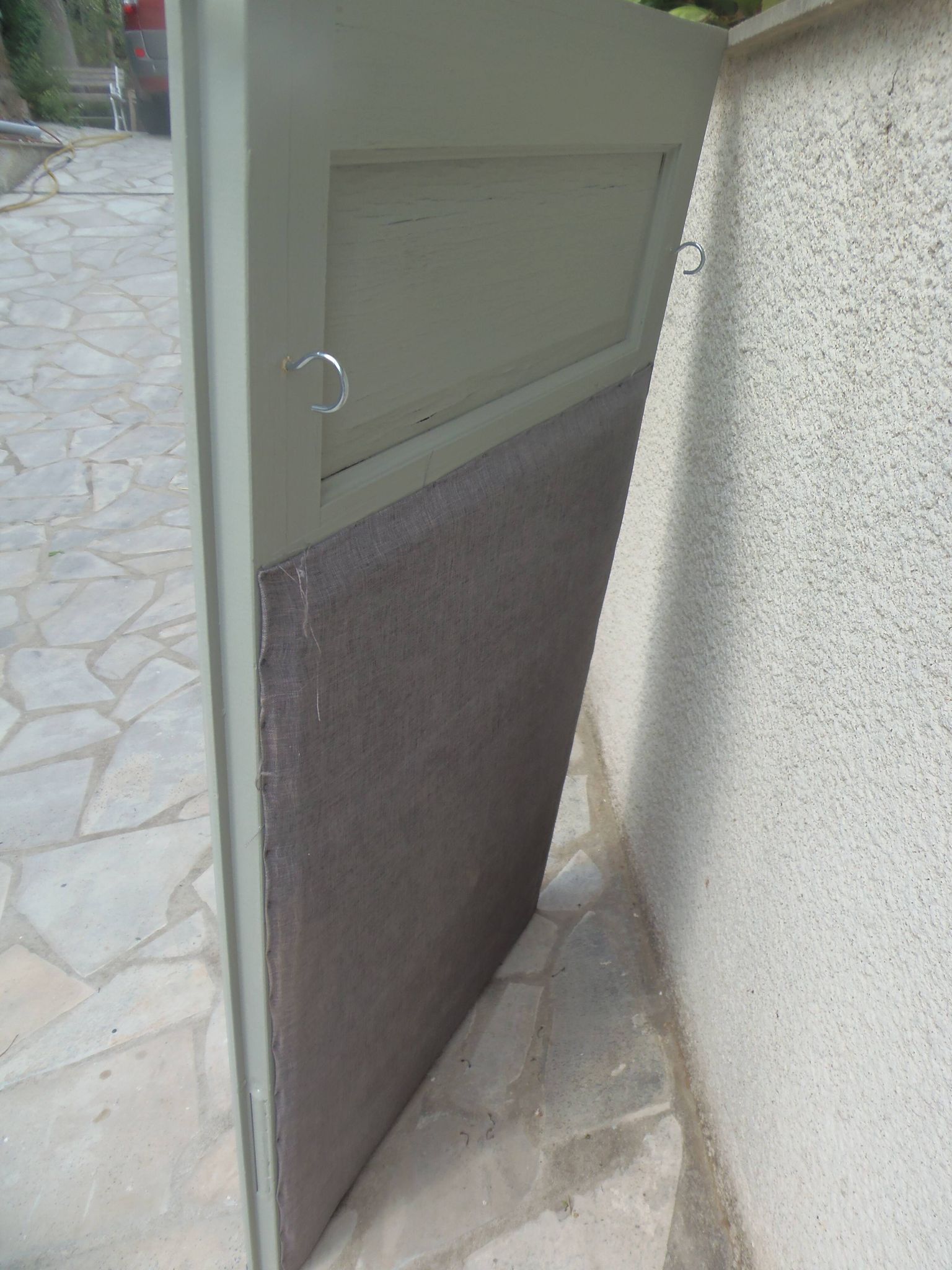 Antique mirror, painted trumeau in grey-green.