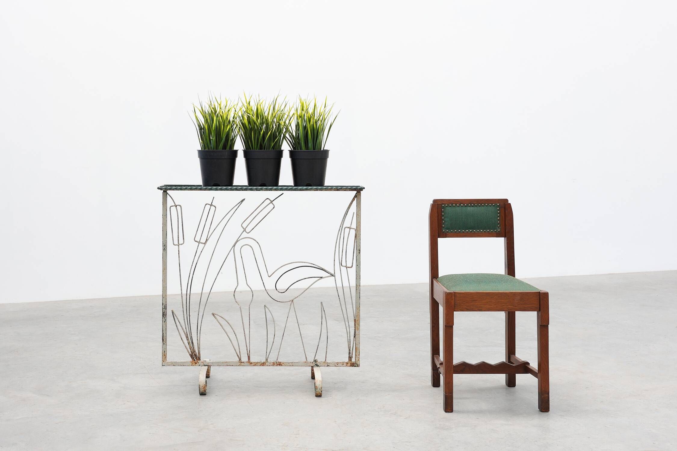 Art Deco Wrought Iron Plant Stand with Heron and Bulrushes, France, Circa 1