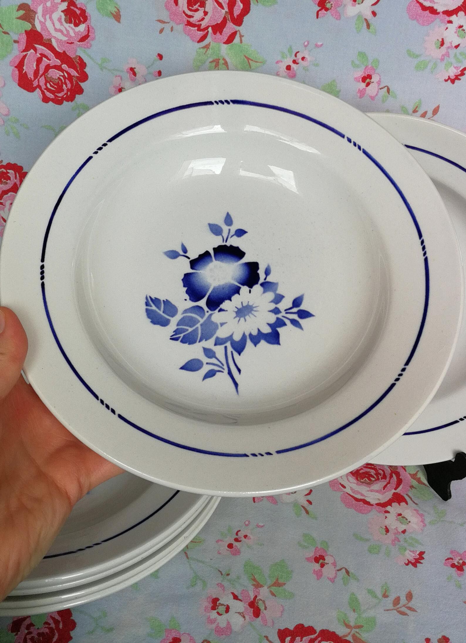 6 old blue flowers with stencil hollow plates