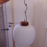 50's, 60'S design pendant lamp in opaline and teak by Goffredo Reggiani.