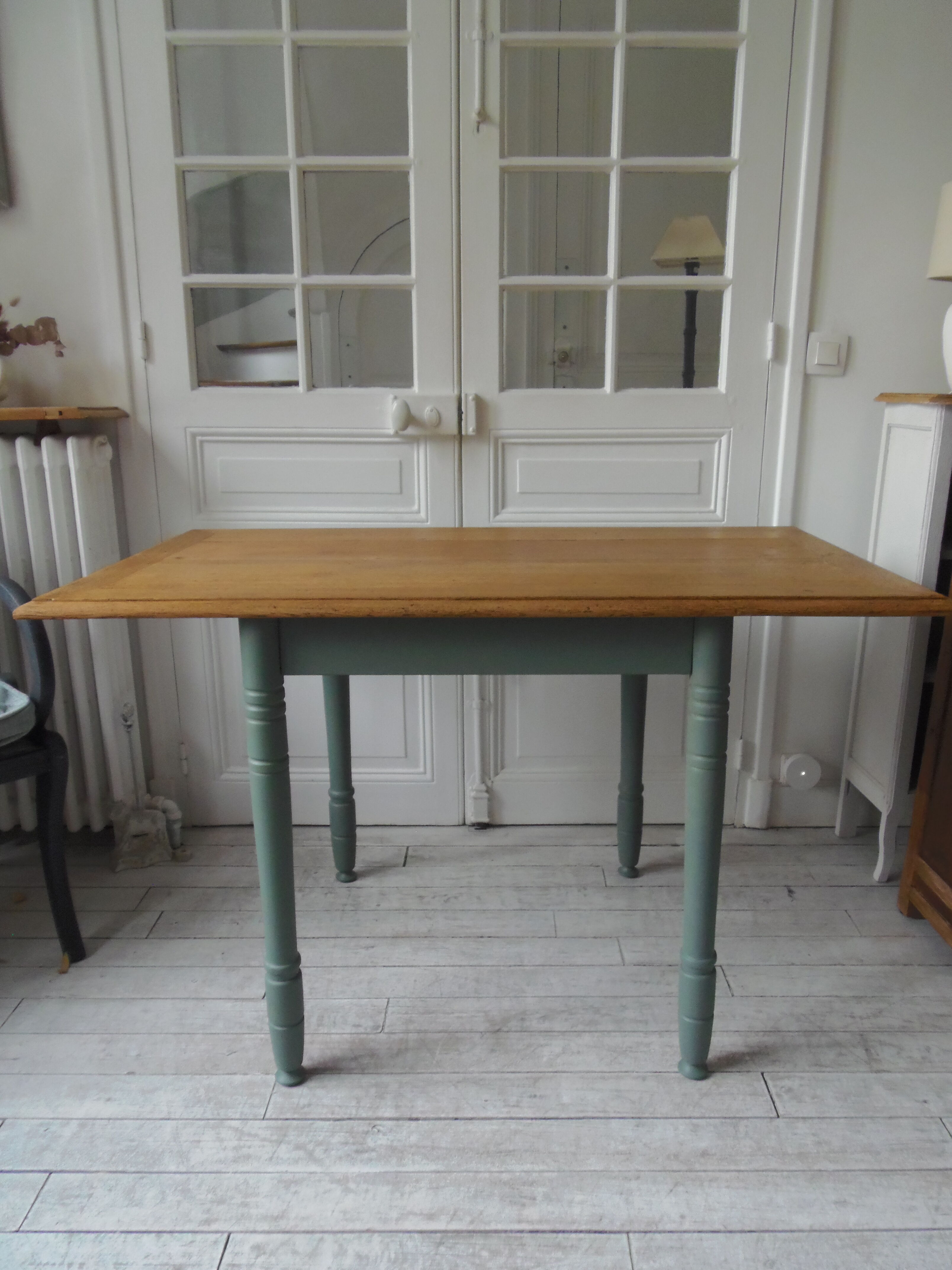 Table, vintage desk with smoked green legs and an oak top.