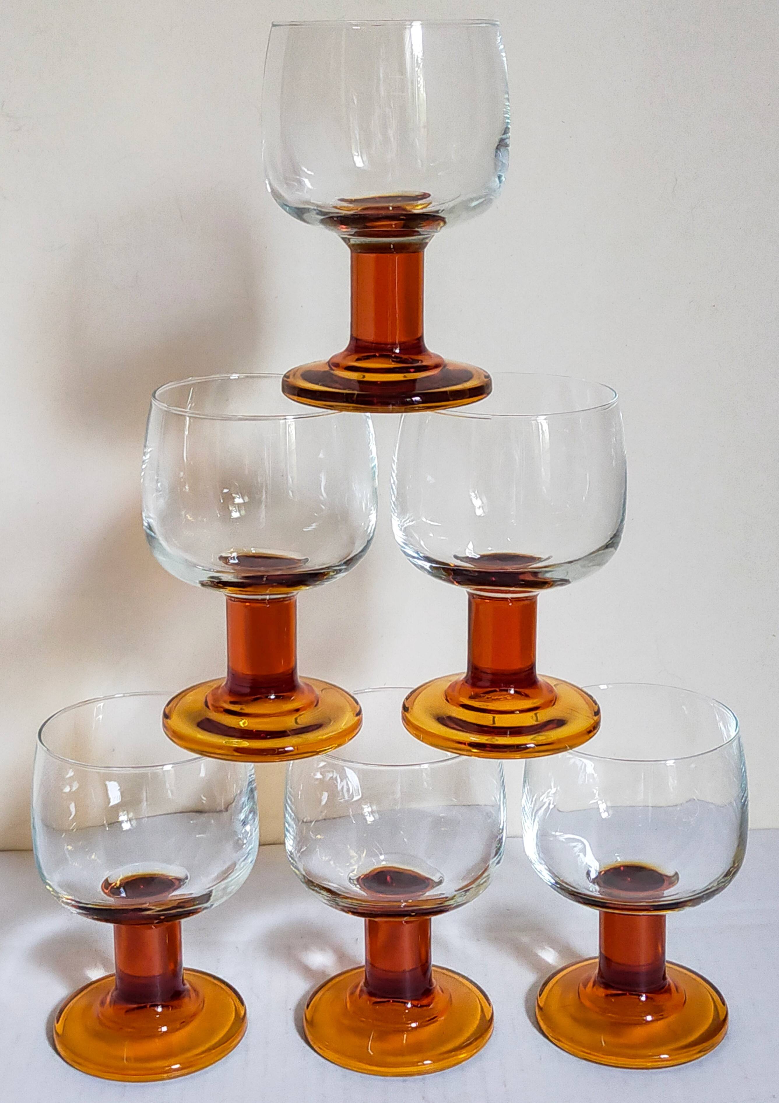 Six amber stemmed glasses from the 70s