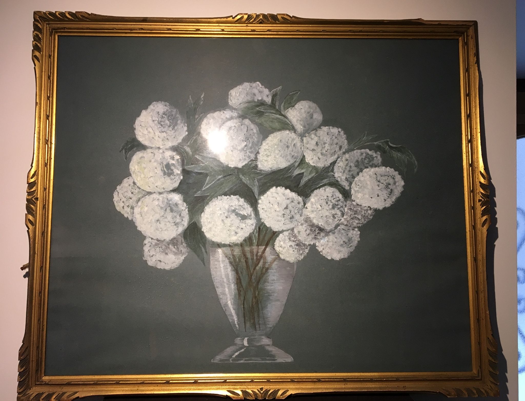 Tableau nature morte aux fleurs blanches années 70