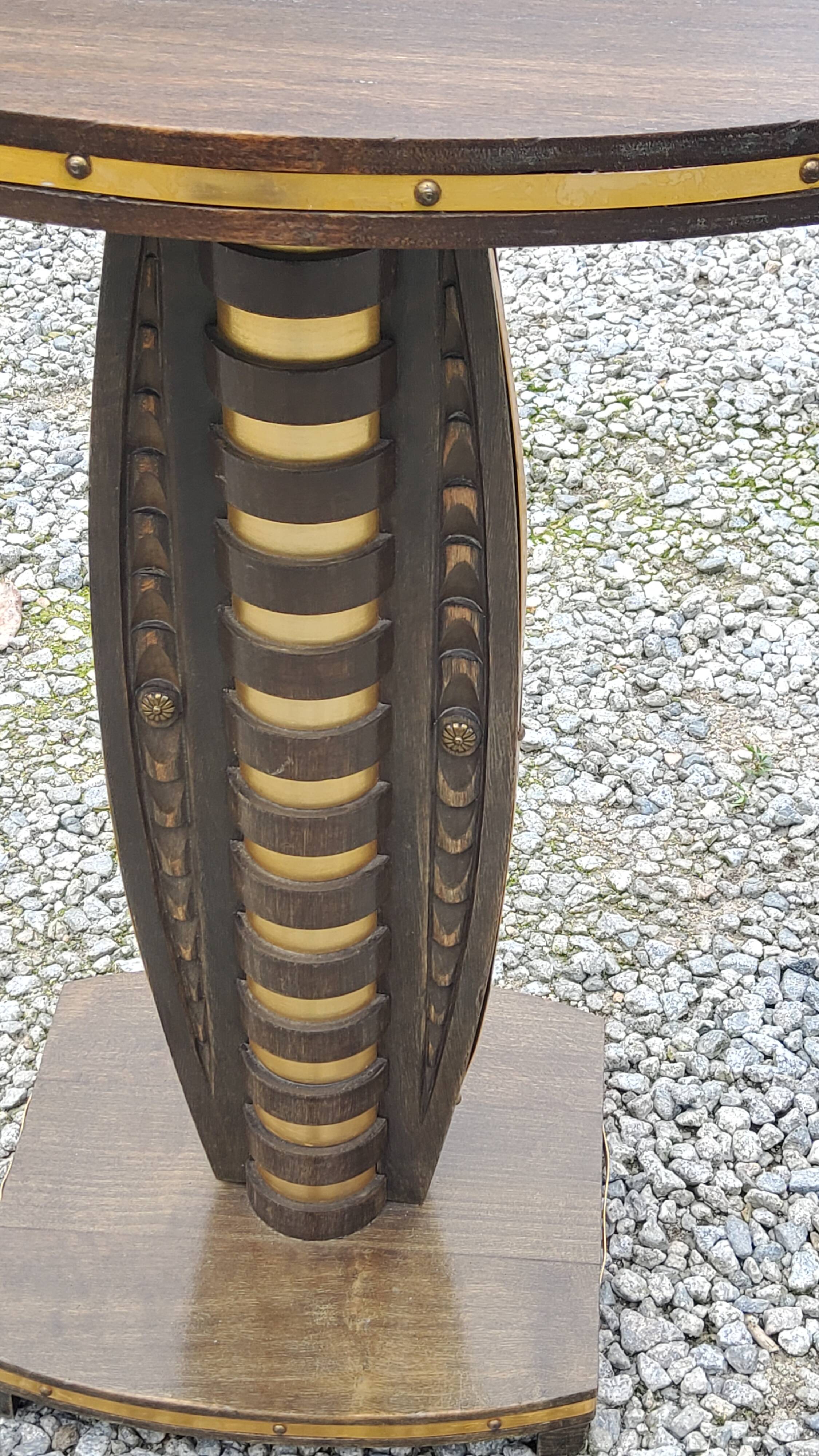 Art deco style pedestal table in beech and gold metal