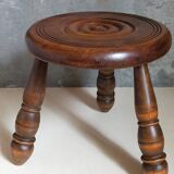 Low tripod stool in vintage turned solid wood