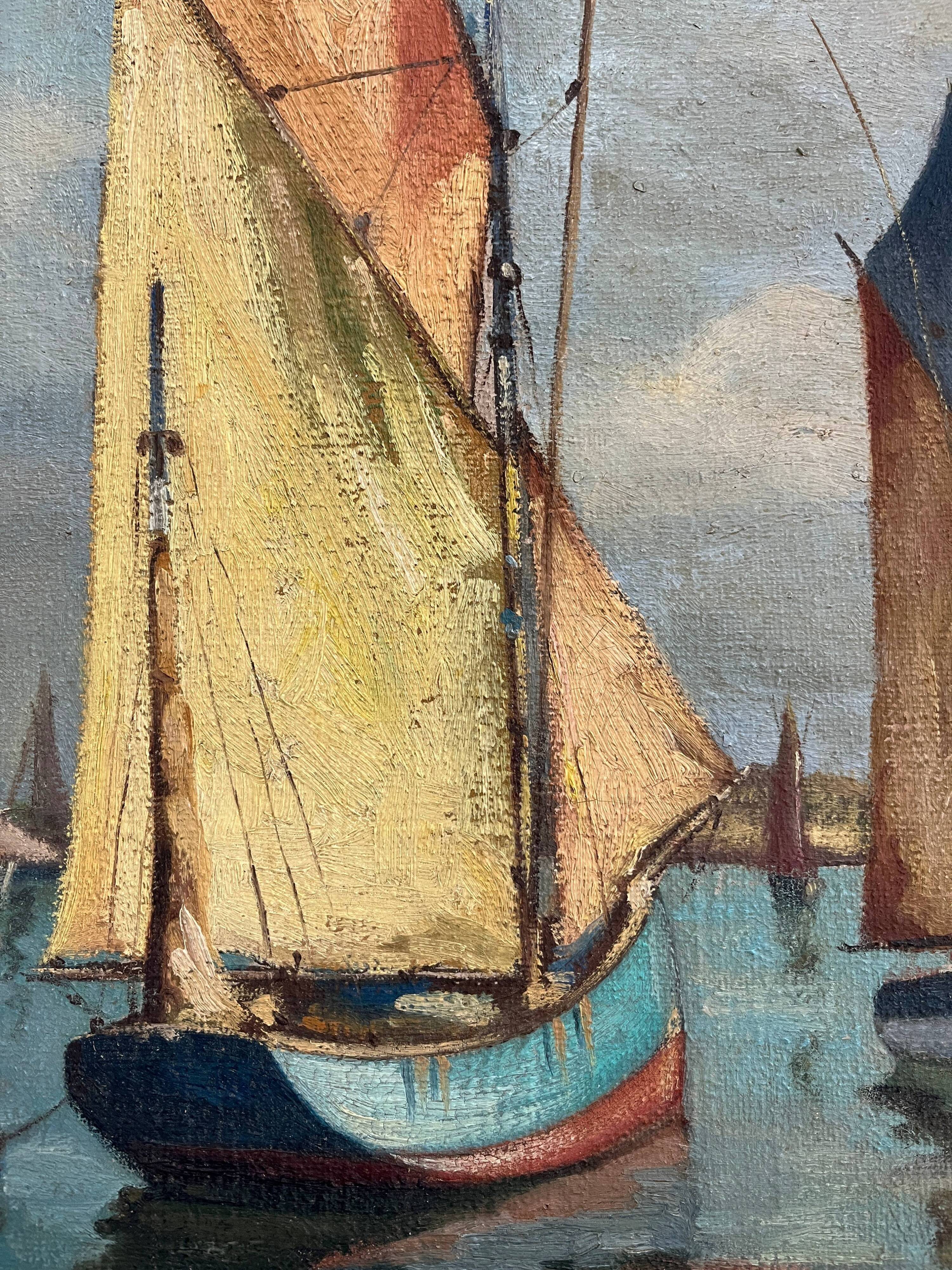 HST Marine painting "Sailboats in port" early 20th century signed