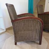 2 armchairs in woven rattan and wood, 1980s