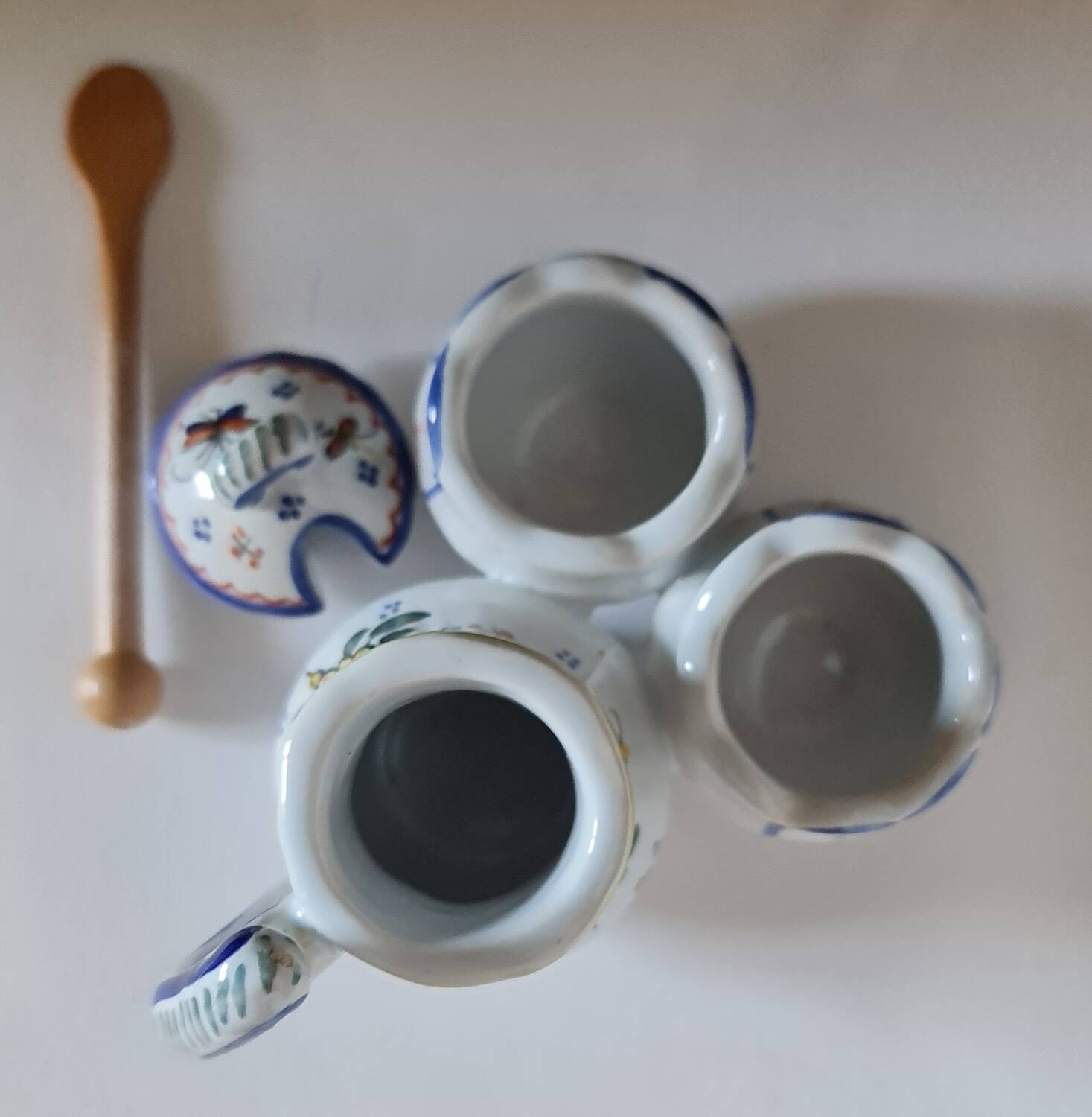 Mustard, salt and pepper shaker set with Rouen decor