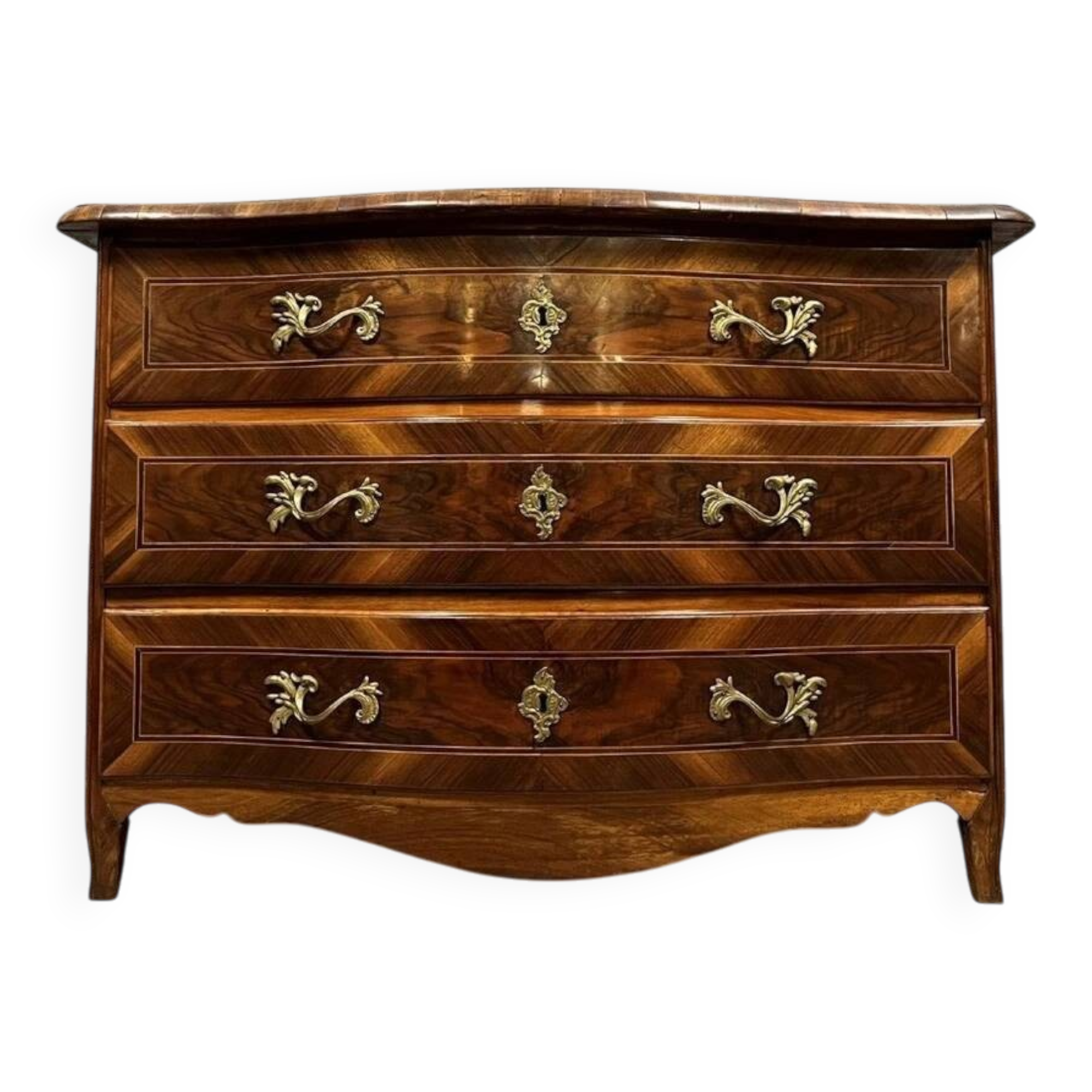 Commode galbée époque Louis XV en marqueterie de bois précieux vers 1750