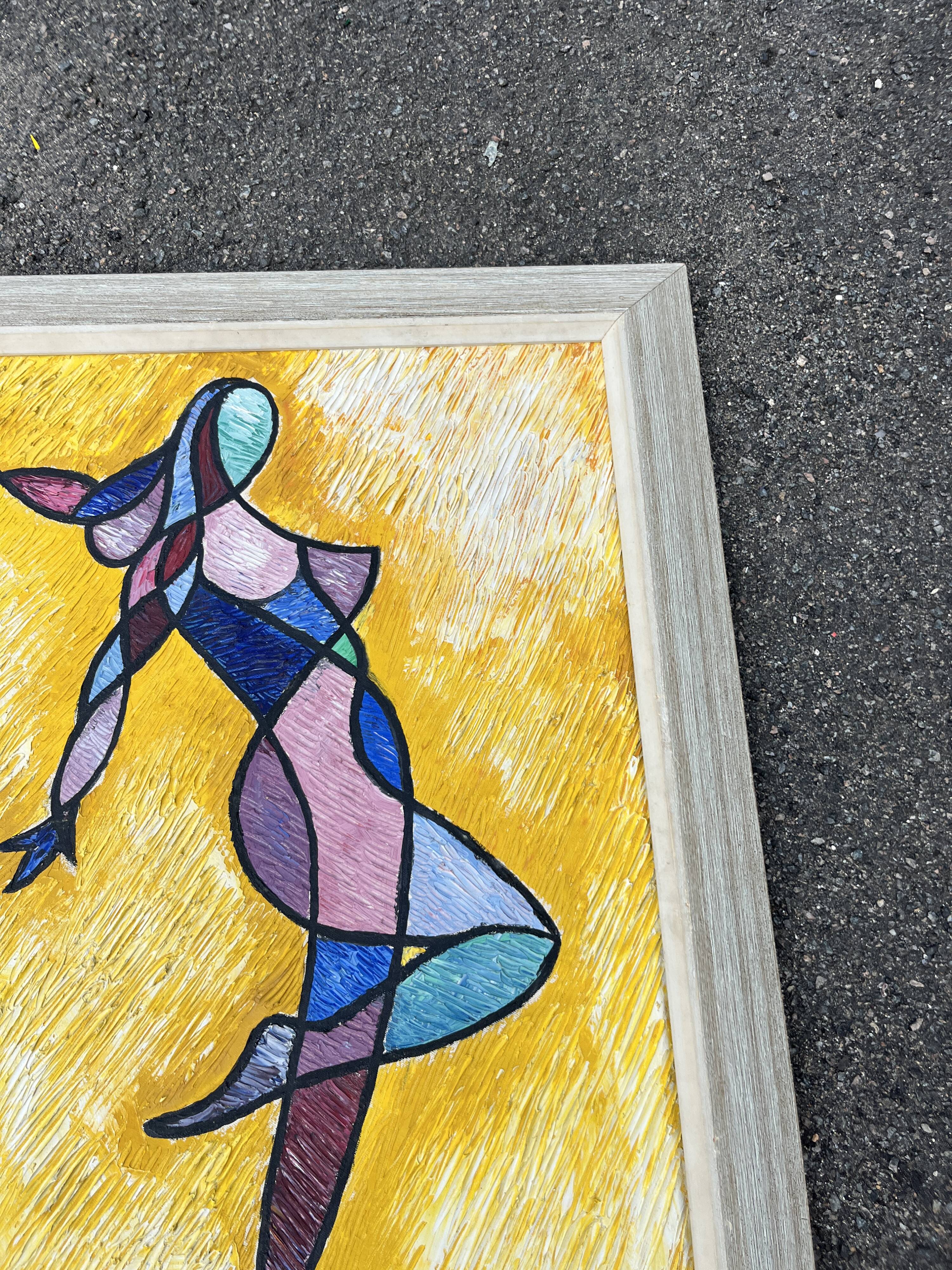 Tableau Vintage Modernist Cubist 84x65 cm – Signed Thallon