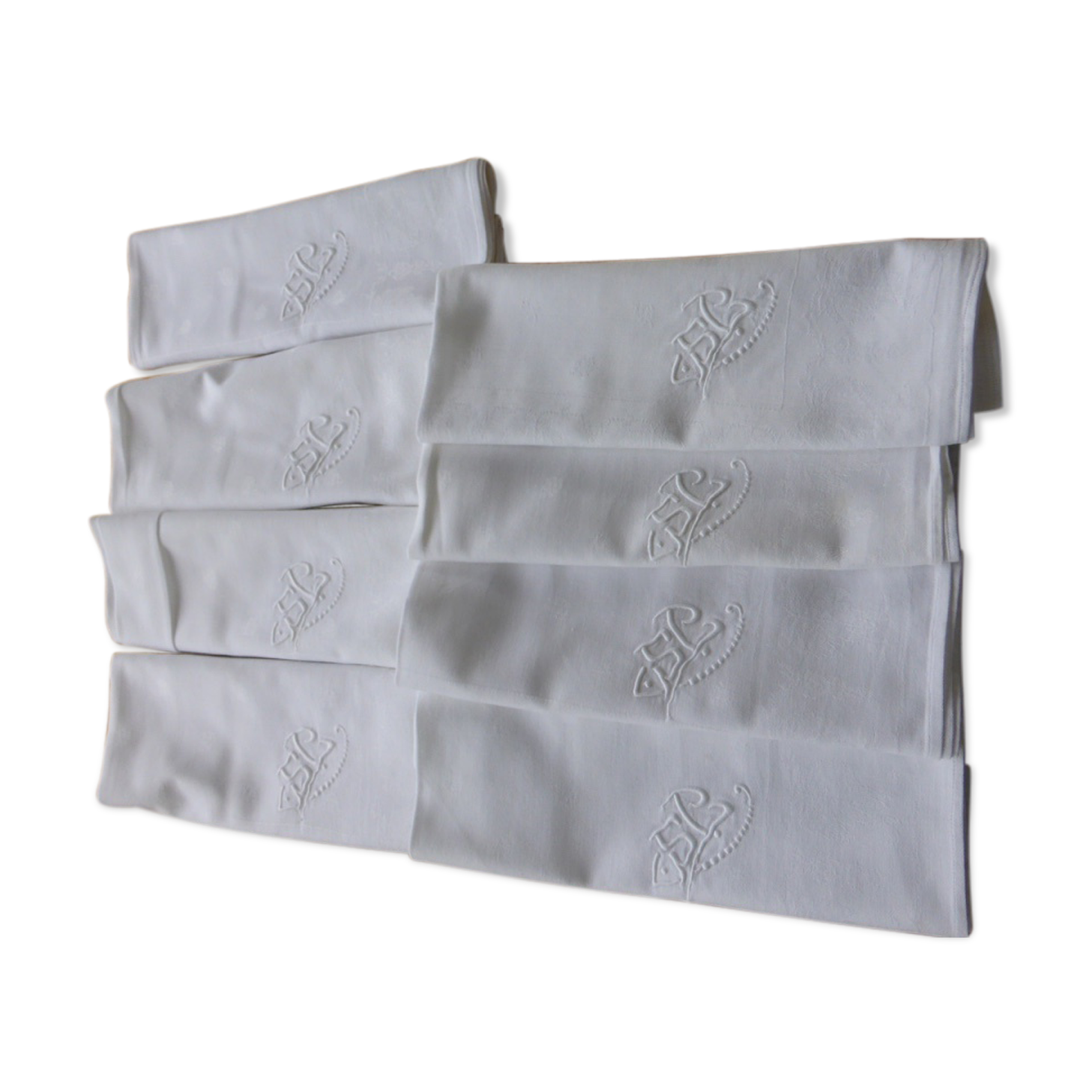 8 large napkins, white damasks, monogrammed, antique embroidery
