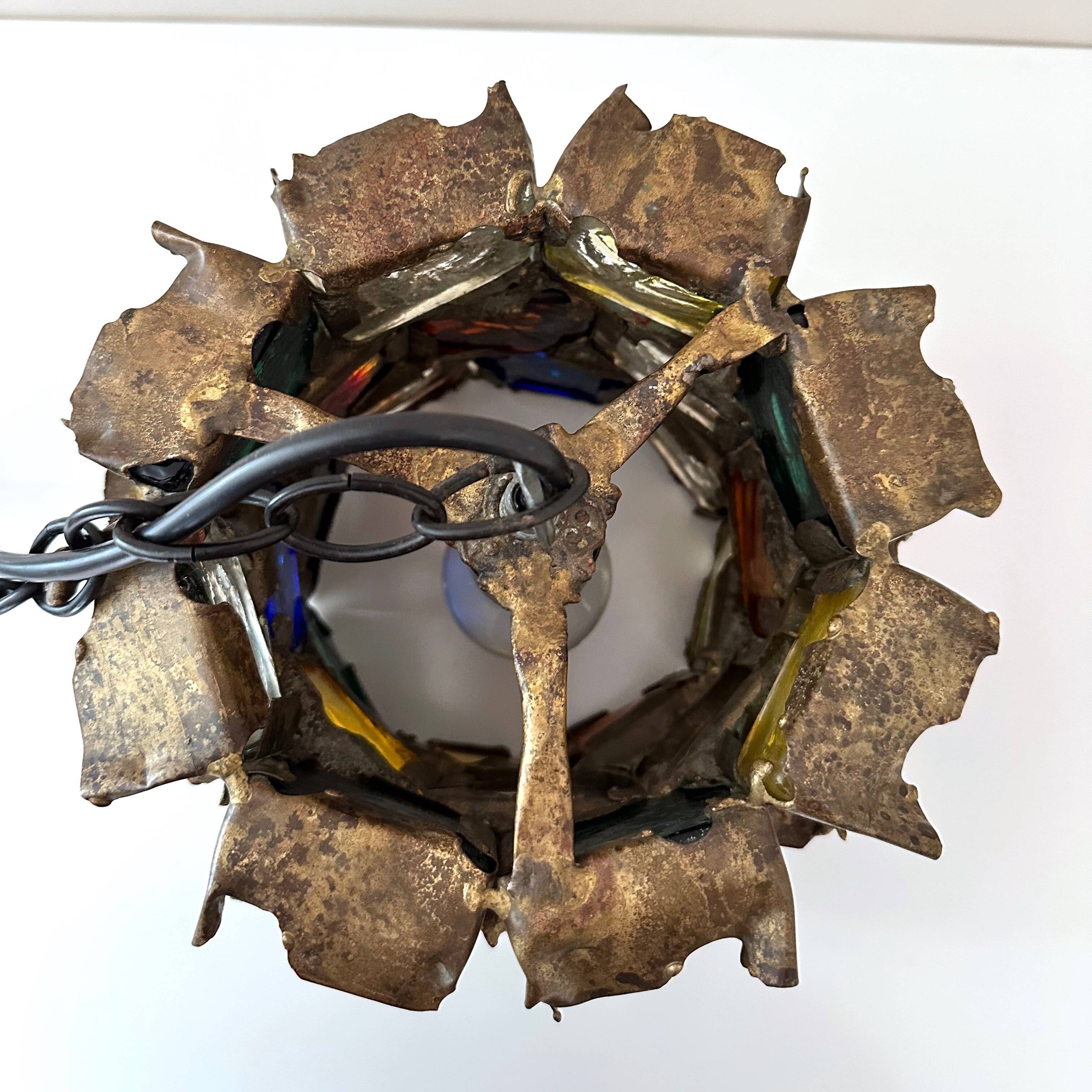 Brutalist Pendant Lamp by Felipe Delfinger in Metal and Colored Glass, 1970