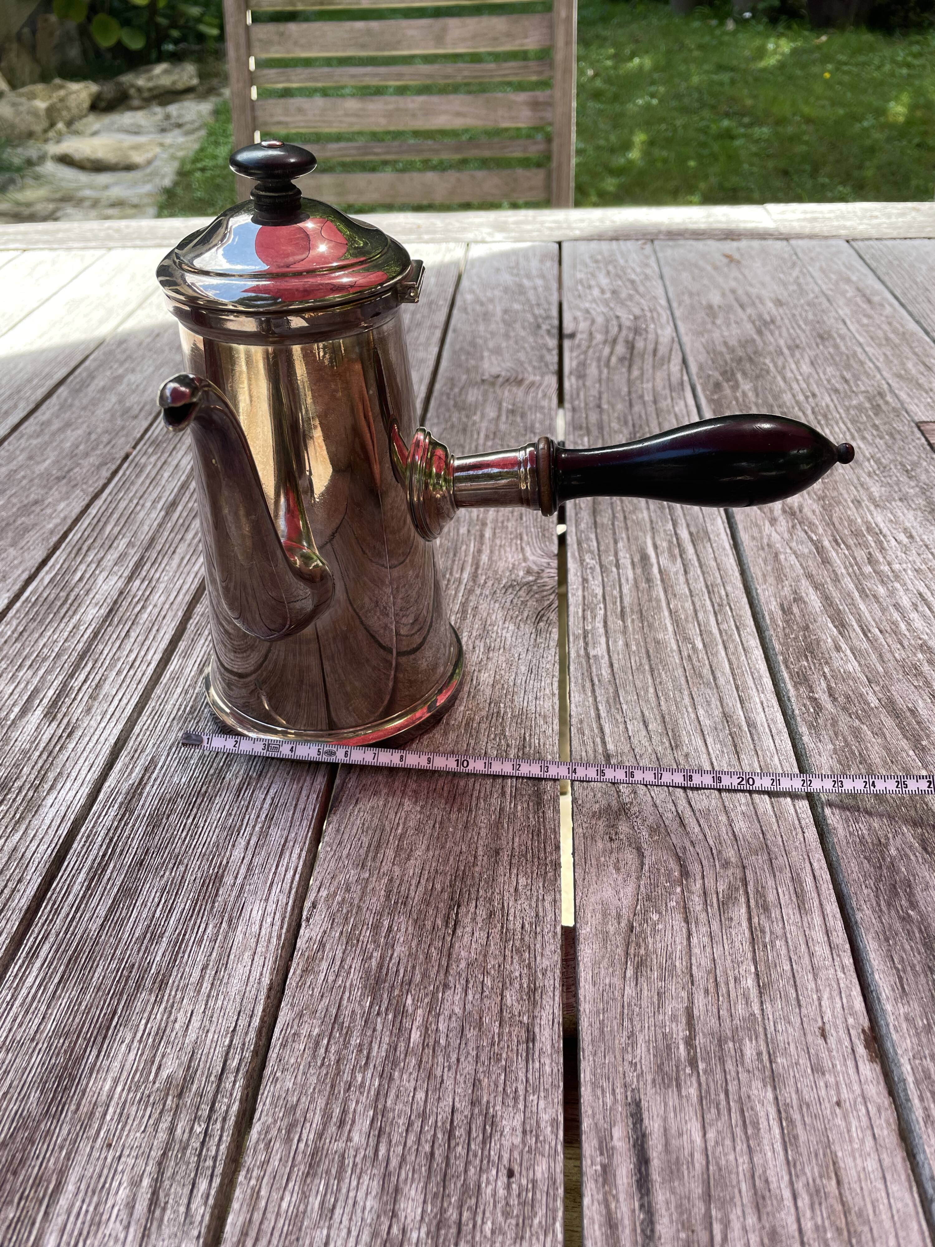 Silver chocolate pot with wooden handle and lid