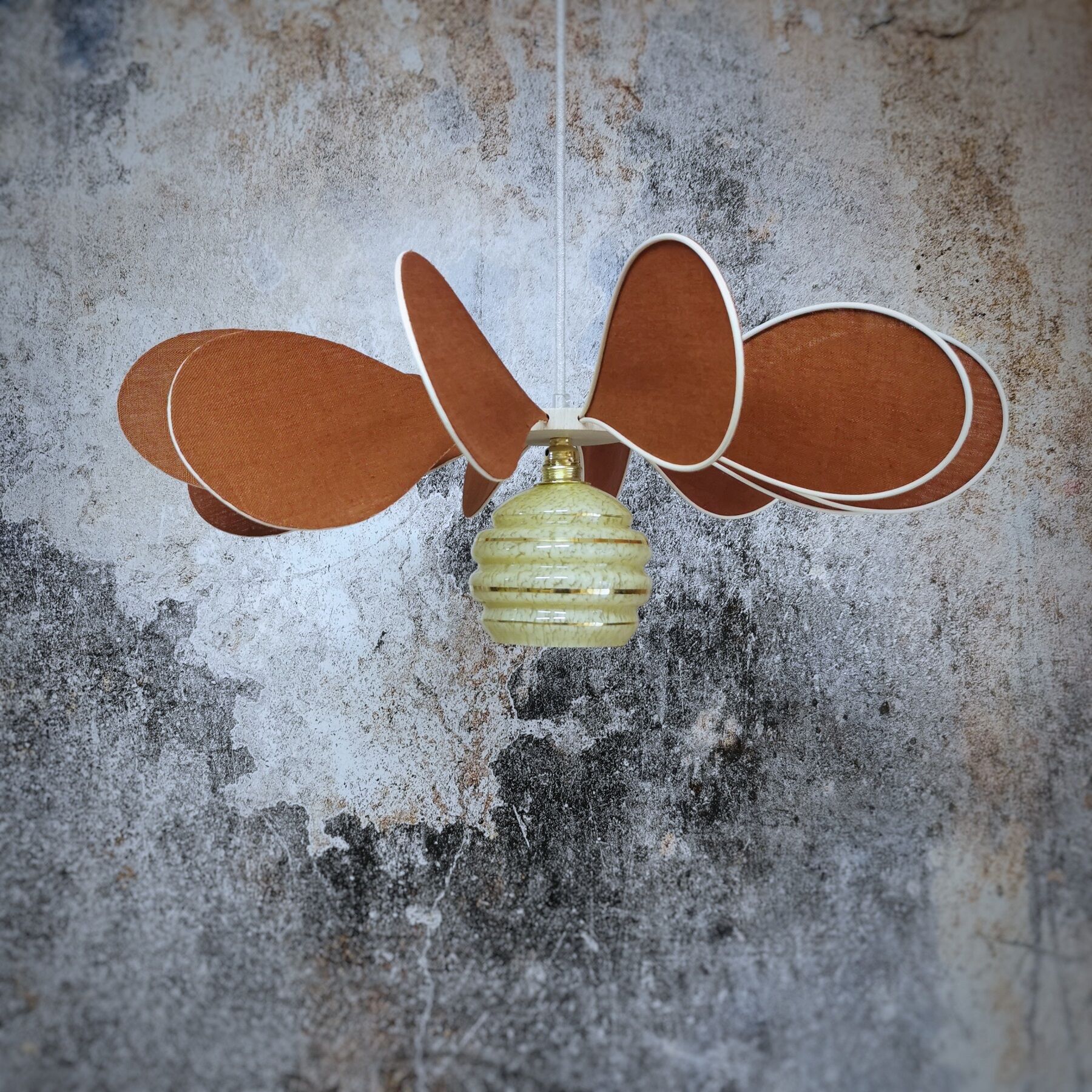 Pendant light flower 12 blades linen, rattan and globe in glass of Clichy