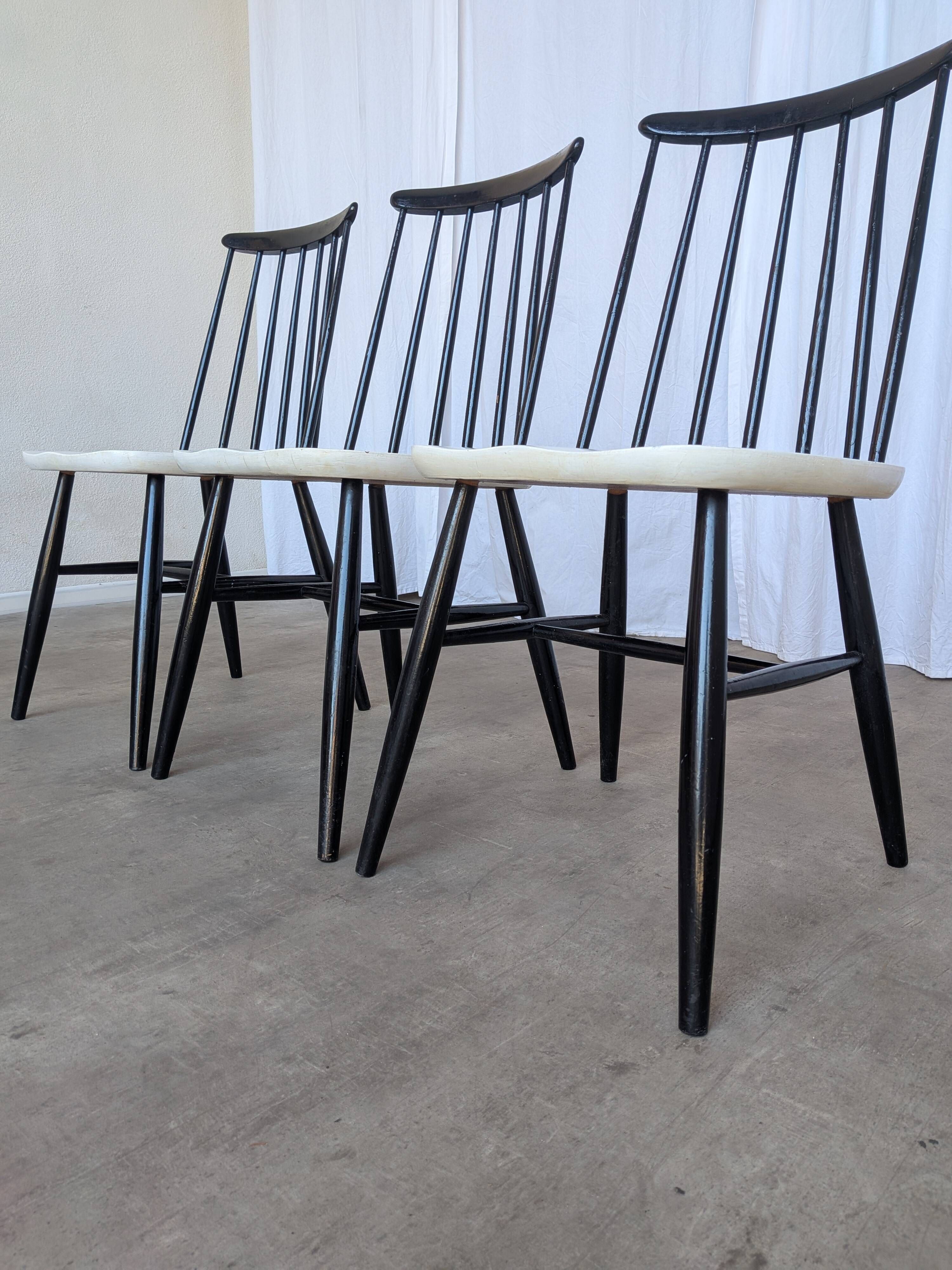 Ensemble de 3 chaises de salle à manger vintage noir et blanc, style Ilmari Tapiovaara, scandinave.