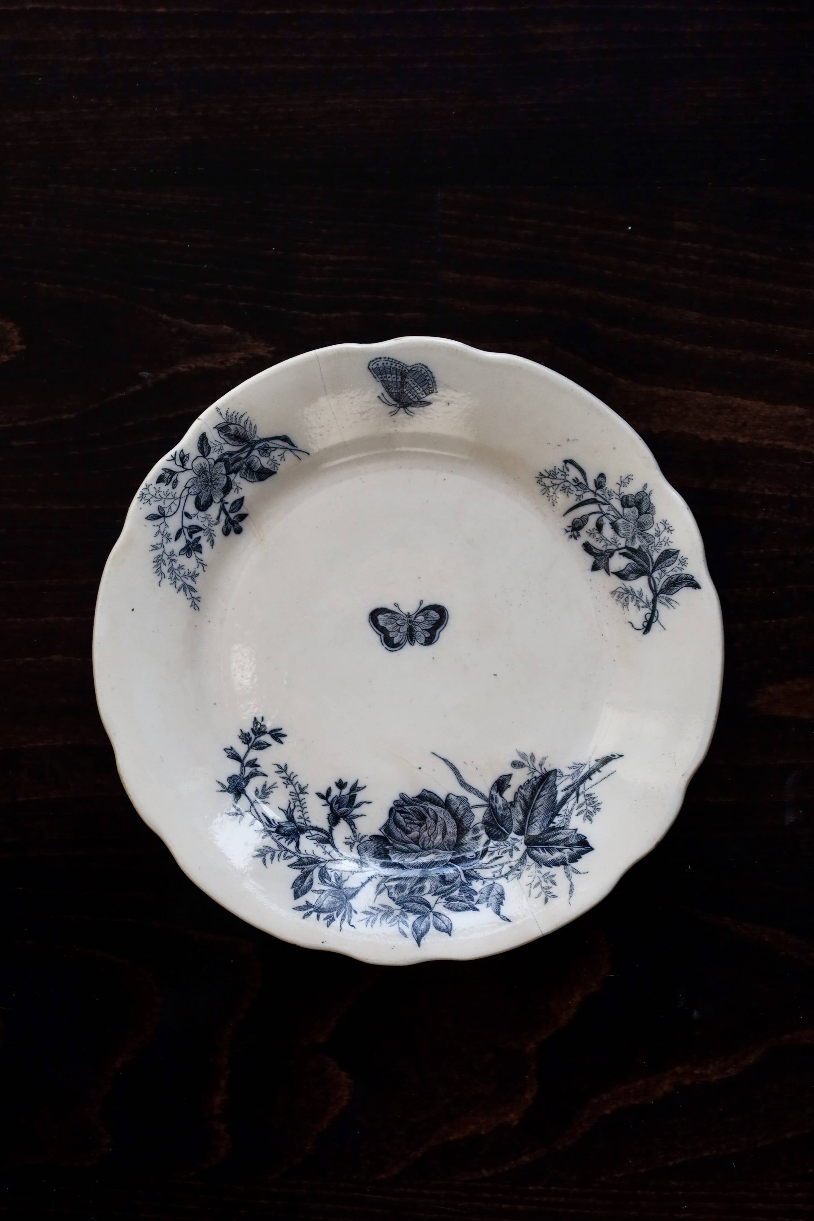 Antique flat plates made of ironstone from Onnaing, Nord - Floral and butterfly pattern.