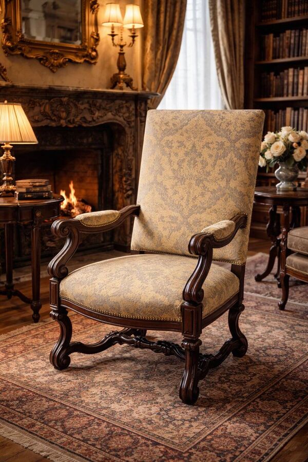 Fauteuil ancien rouge à haut dossier – bois sculpté, style classique