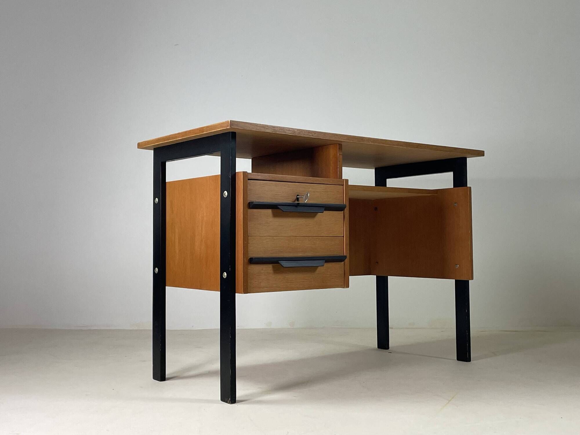 Vintage oak and black wood desk from the 60s