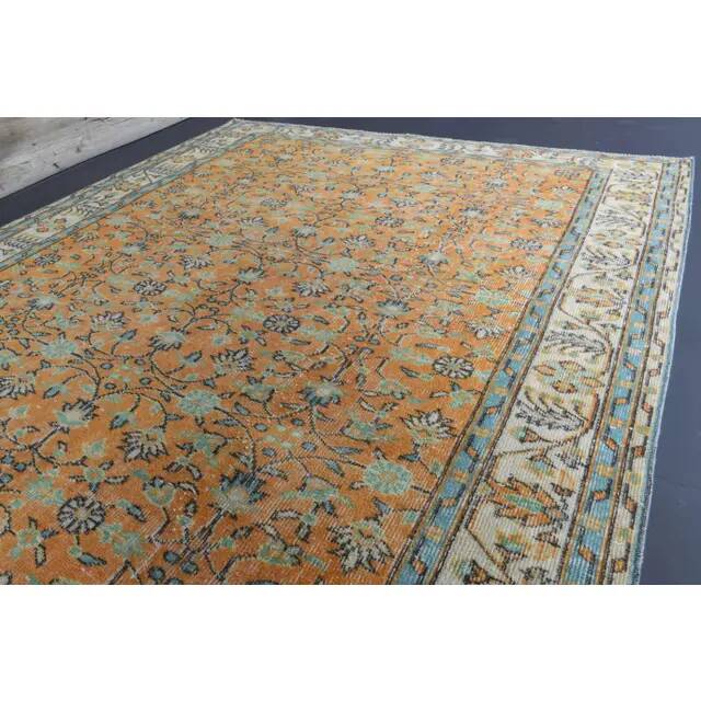 Vintage Turkish Oushak handmade wool cotton orange rug 161x267