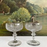 2 antique champagne glasses in engraved glass