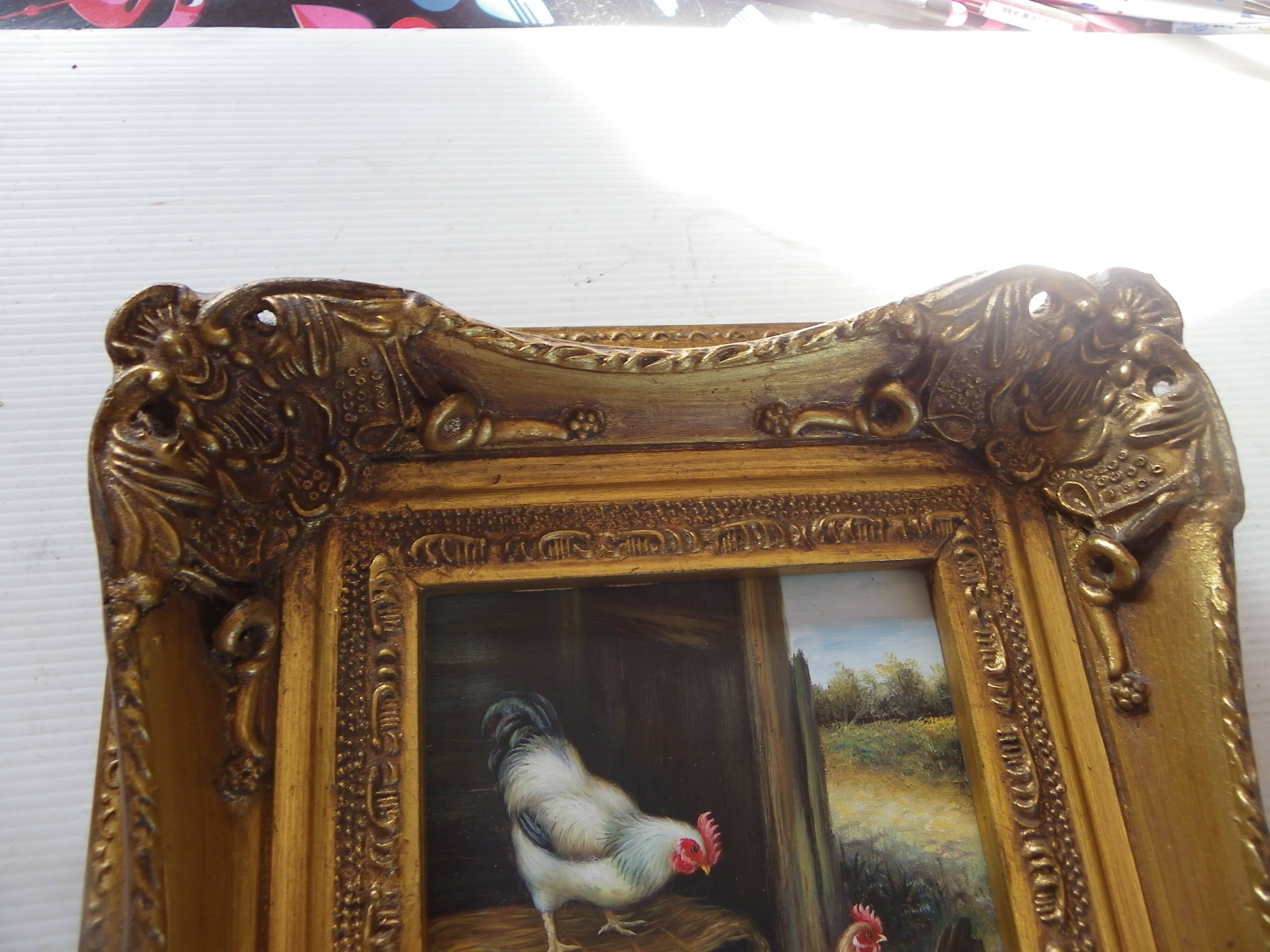 Oil painting on vintage panel framed in ornate gold frame, farmyard.