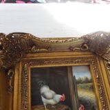 Oil painting on vintage panel framed in ornate gold frame, farmyard.