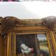 Oil painting on vintage panel framed in ornate gold frame, farmyard.