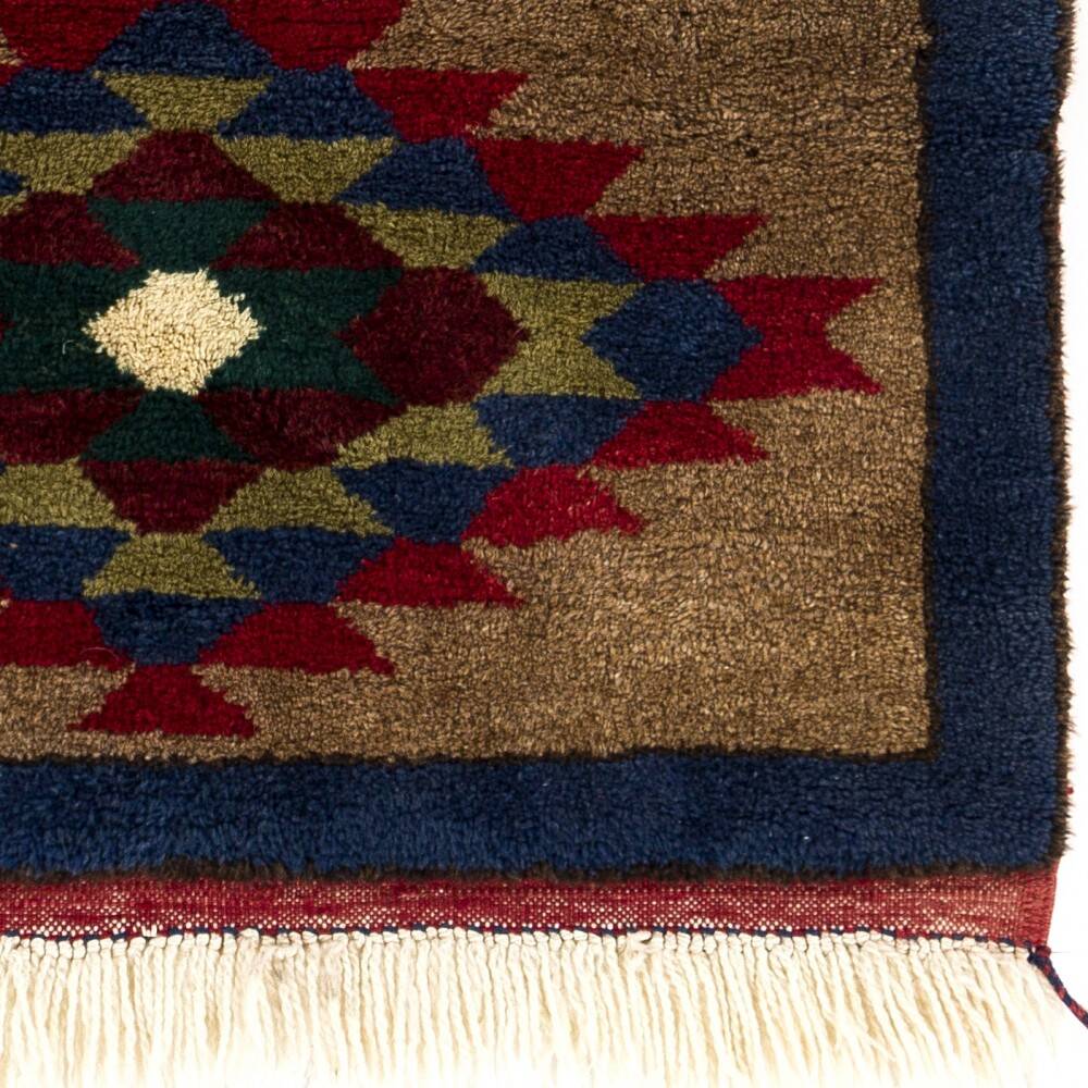 Vintage Hand-Knotted Turkish Tulu Rug with Geometric Medallion Design in Brown, Navy Blue and Red. 100% Wool