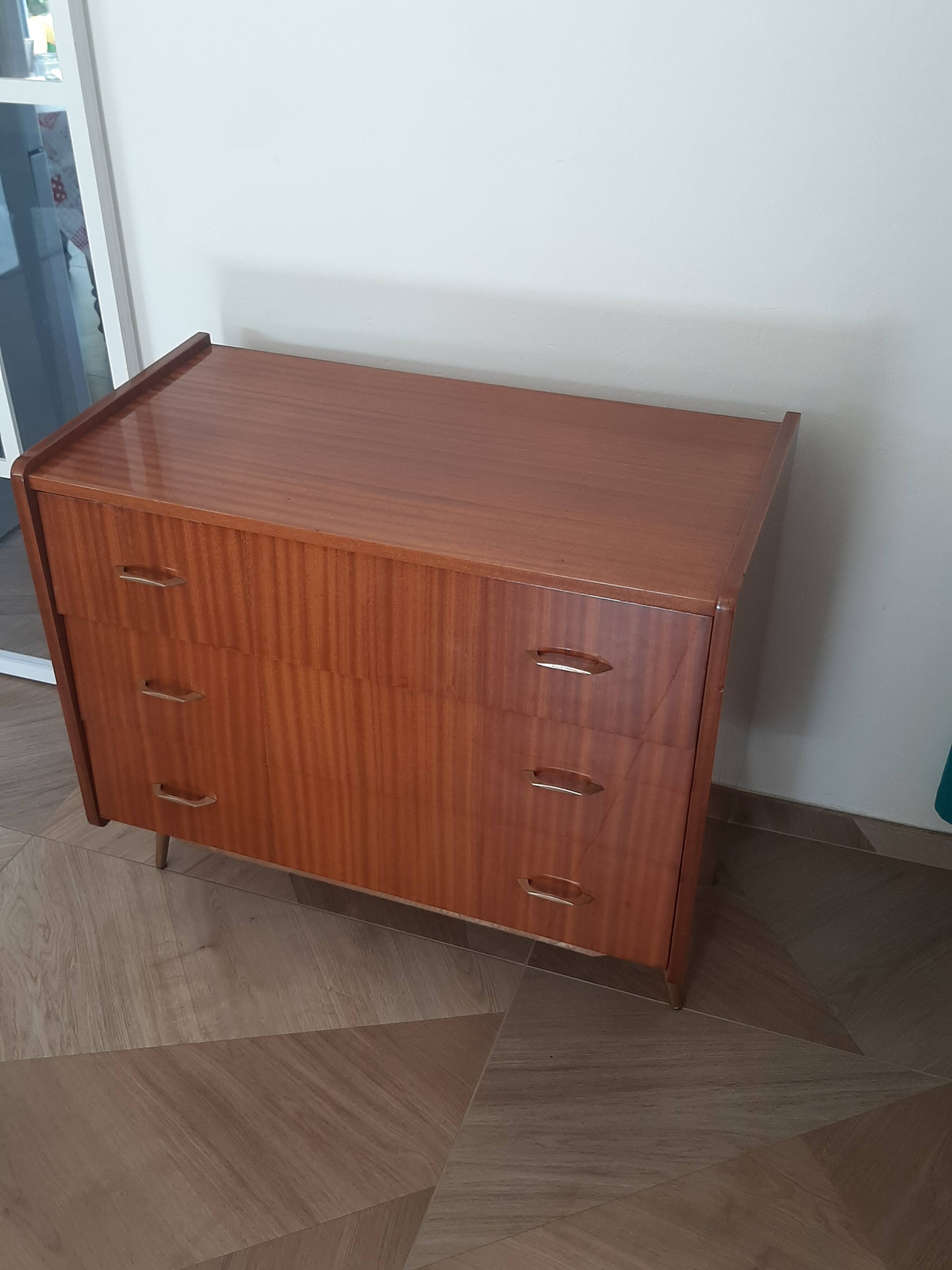 Vintage chest of drawers 3 drawers - varnished teak - Scandinavian style - retro patterns - 60s