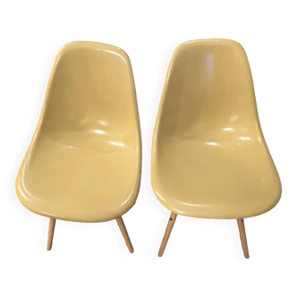 Lot of 2 DSW chairs in yellow fibre with oak dowel, light oak, Eames, Herman Miller.