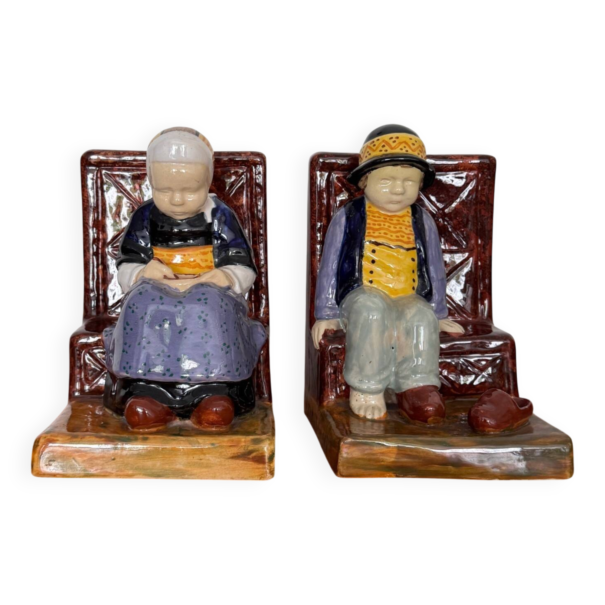 Pair of HB Quimper bookends by Berthe Savigny seated children