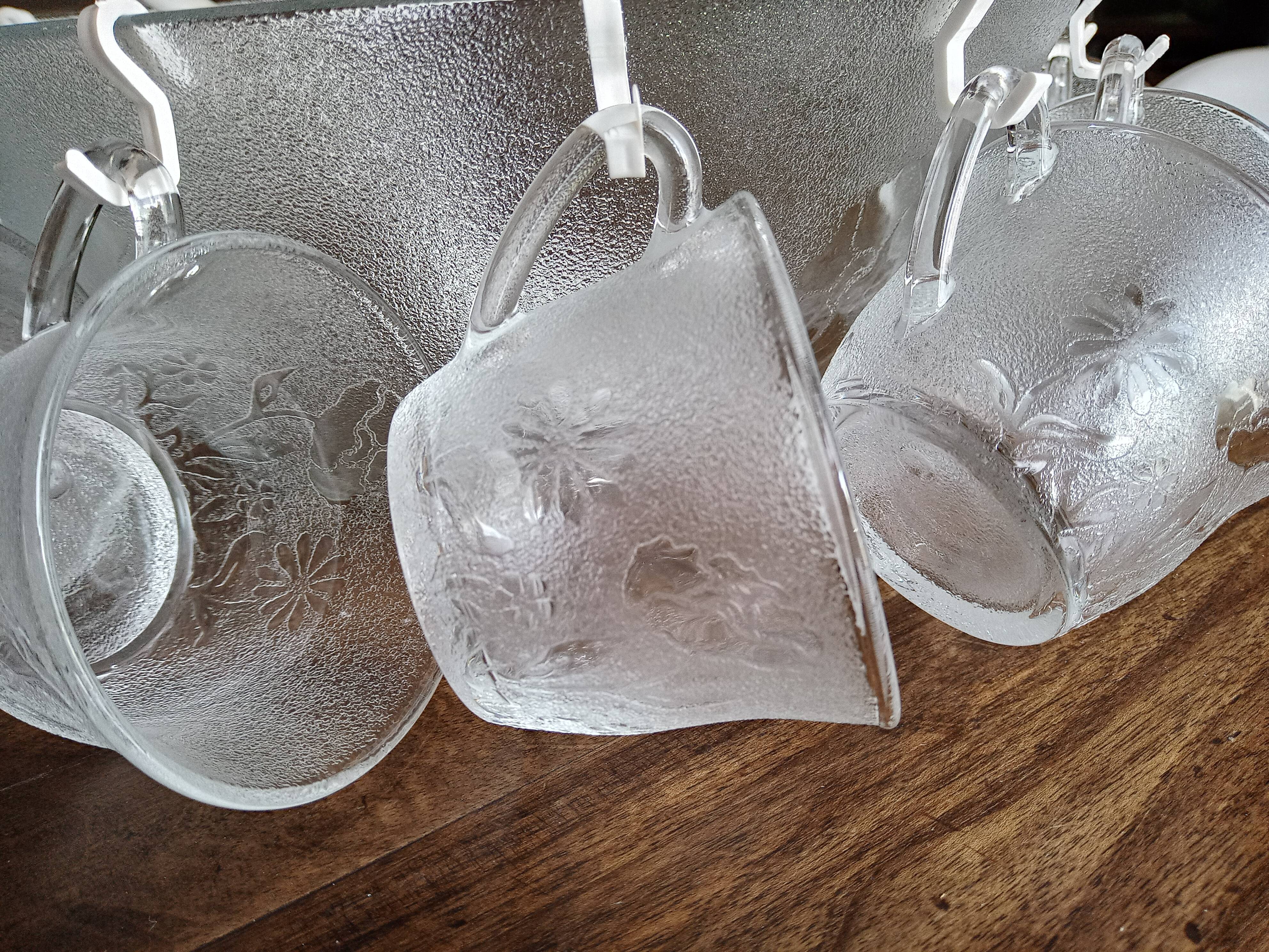 Service à punch vintage 18 pièces en verre opaque texturé décor floral