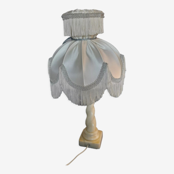 Alabaster foot table lamp and shade dome umbrella satin, retro chic circa 1950