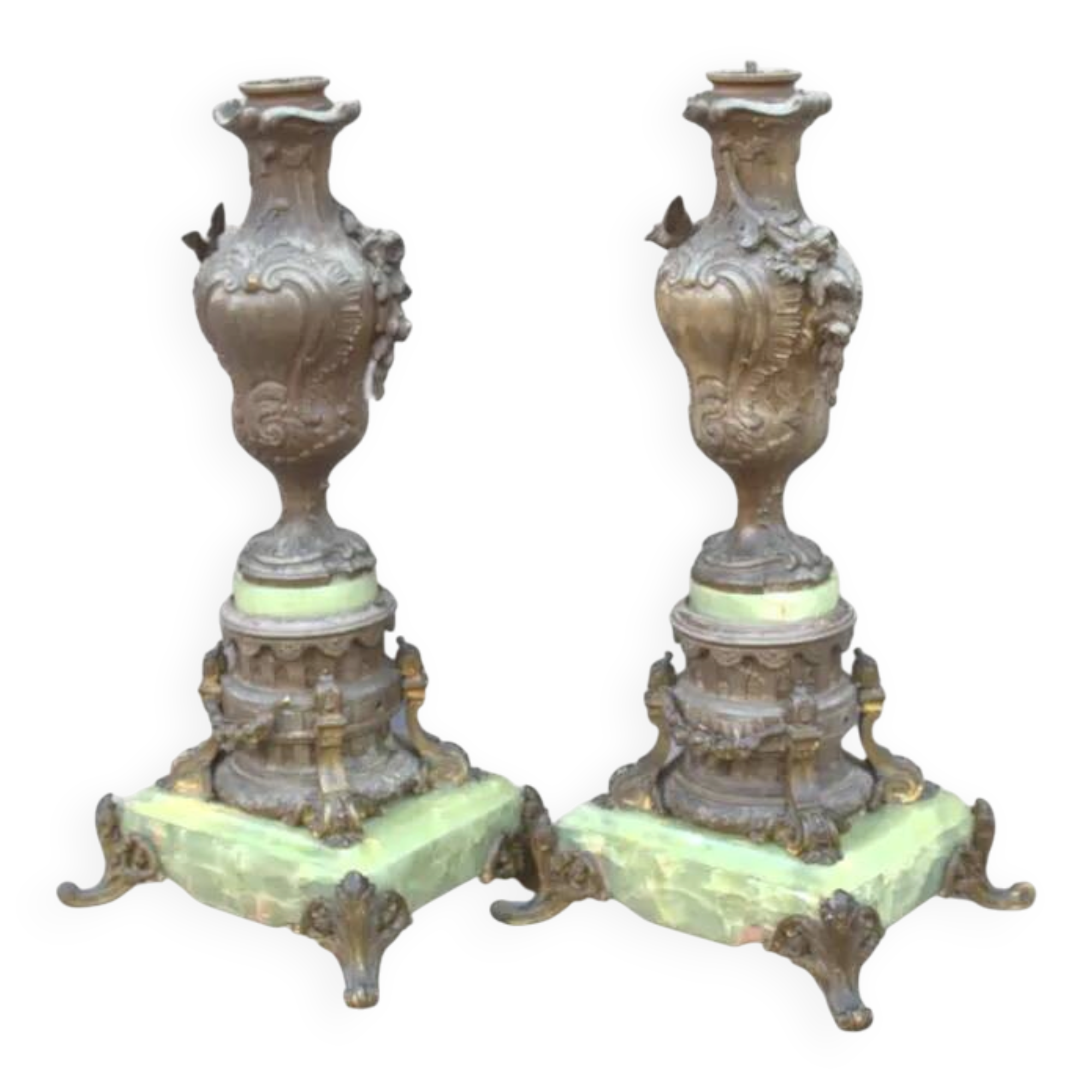 Pair of antique French Art Nouveau bronze vases on a marble base, fireplace decoration, 1800s, Châteaucore cassolettes, unique piece.